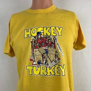 Vintage Hockey Turkey T Shirt Mens Size XL Yellow Humor Made In Canada 80s